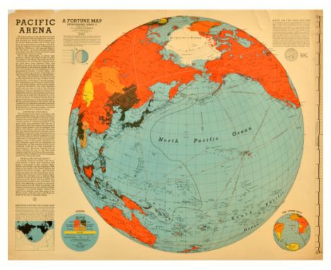 Original vintage World War Two poster Pacific Arena A Fortune Map Orthographic Series II drawn by Richard Edes Harrison assis