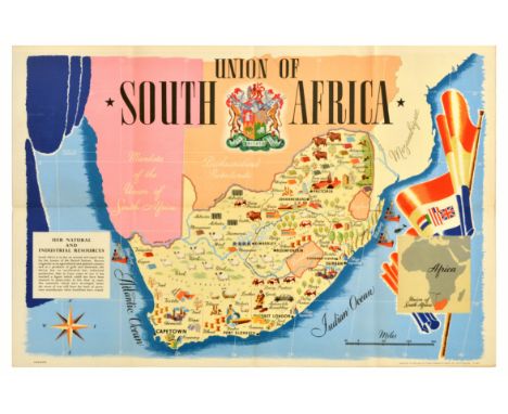 Original vintage illustrated map poster for the Union of South Africa Her Natural and Industrial Resources featuring colourfu