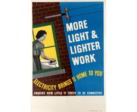 Rare original vintage advertising poster promoting connection the electricity grid "More light, lighter work - Electricity br