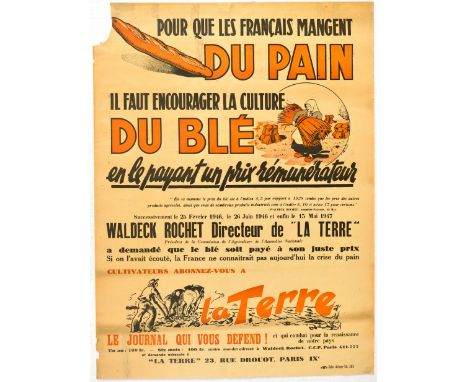 Original vintage advertising poster for Le Terre - Earth - magazine.  Images of peasants ploughing the fileds and harvesting 