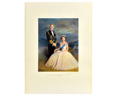 Original vintage poster H.M. Queen Elizabeth II and H.R.H. Prince Philip, Duke of Edinburgh from the painting by Denis Fildes