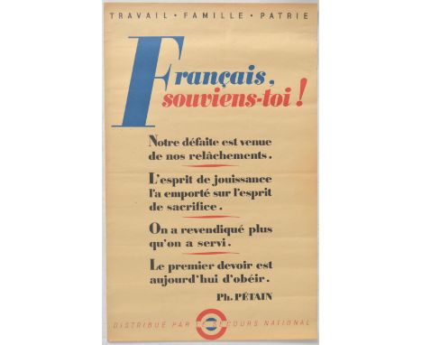 Set of 9 original vintage Second World War propaganda posters issued in France. 1. Nazi occupied France with an appeal by Mar