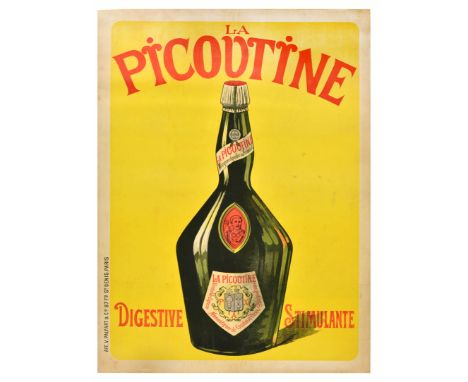 Original vintage advertising poster for La Picoutine Digestive Stimulante featuring an illustration of a dark green bottle wi