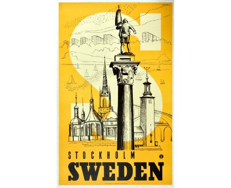 Original vintage travel poster for Stockholm in Sweden - striking design features iconic monuments and architecture from the 