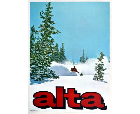 Original vintage ski travel poster advertising Alta Ski resort featuring a great image of a man in an orange ski suit skiing 