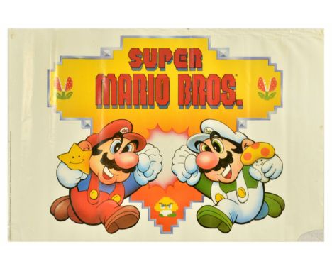 Set of 4 original vintage advertising posters for video games. 1. Super Mario Bros featuring an illustration of smiling Mario