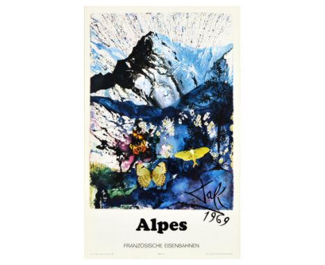 Original vintage travel poster advertising the French Alps featuring snow topped mountains with butterflies in the foreground