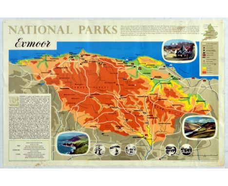 Original vintage travel poster featuring an annotated map of  Exmoor National Park featuring travel routes, roads, railways, 