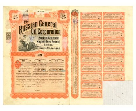 Original antique poster for The Russian General Oil Corporation / Societe Generale Naphthifere Russe featuring share certific