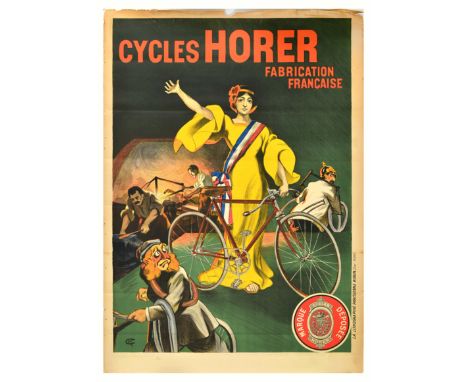 Original antique advertising poster for Cycles Horer bicycles featuring a patriotic illustration of a lady resembling the sym