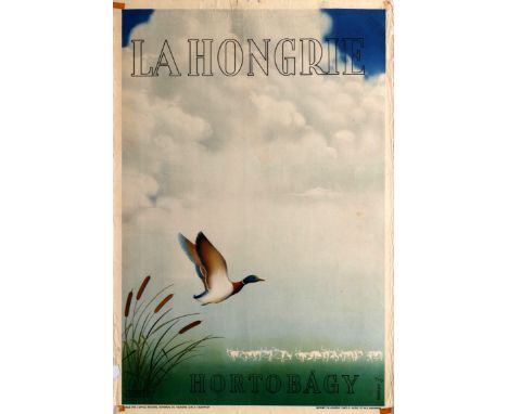 Original vintage travel poster for Hungary - La Hongrie - Hortobagy featuring an image of a mallard flying out of the reeds w