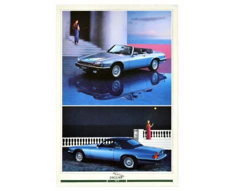 Original vintage advertising poster for the Jaguar XJ-S model featuring images of the car in two settings with elegant ladies