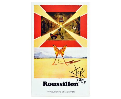 Original vintage travel poster advertising Roussillon featuring butterflies and figures in a red frame with yellow lines of l