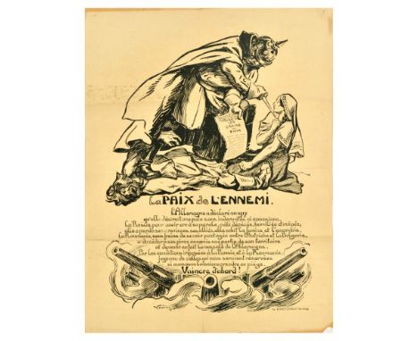 Original antique World War One poster - La Paix de l'Ennemi / Peace from the Enemy - featuring an illustration of a German so