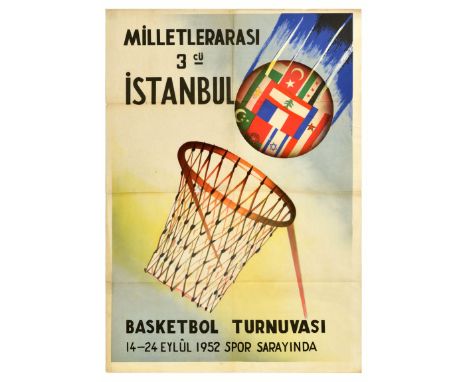 Original vintage sport poster for the 3rd International Istanbul Basketball Tournament / Milletlerarasi 3cu Istanbul Basketbo