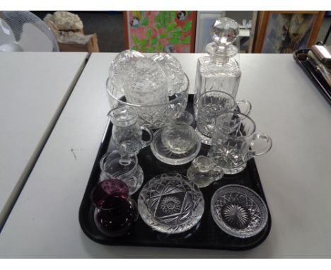 A tray of glass, whisky decanter, dessert bowl set, tankards, ashtray etc 