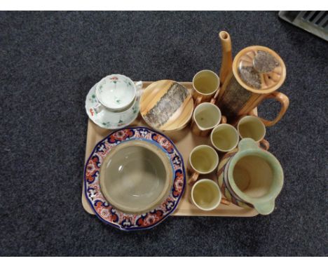 A tray of part Price Brothers coffee set, Wedgwood Christmas plates, antique china tea cups and saucers, pottery bowl etc 