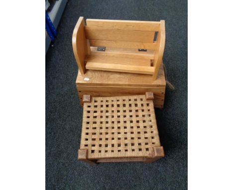 A rush seated stool, expanding book trough and oak storage stool