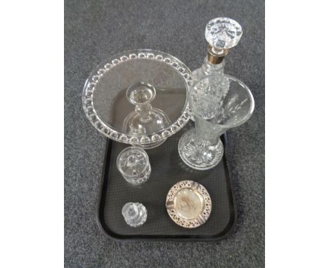 A tray of glass, silver plated and crystal decanter, preserve pot, plated ashtray etc 