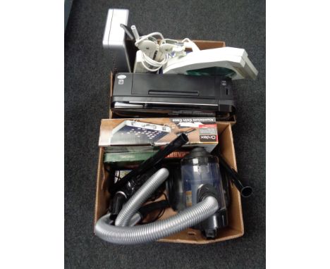 Two boxes of electricals, cylinder vacuum, printer, metal cash box, coin collector's cabinet, magnifying lamp