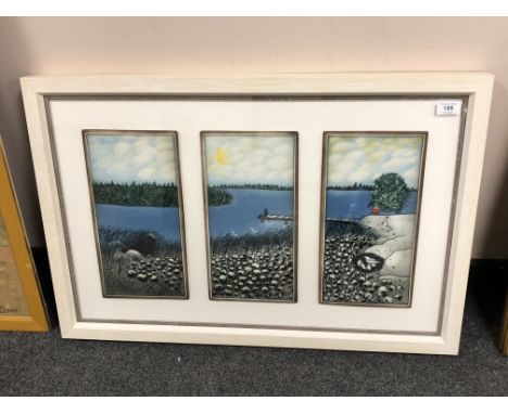 Helja Liukk-Sundstrom for Arabia of Finland : A person sitting on the end of a jetty looking out on to a meandering river wit
