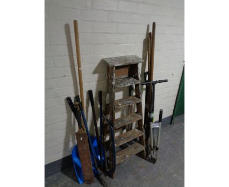 A set of folding wooden steps, garden tools and cricket bat 