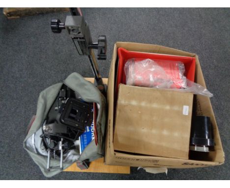 A quantity of photographic equipment to include enlarger, developing trays, projector, dark room items etc 