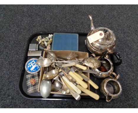 A tray of three piece plated tea service, cutlery, vintage RAC badge, cased Deco tea spoons, lighters, Wade Whimsies etc 