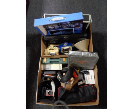 Two boxes of Panasonic DVD player, glass chess set, boxed Die cast vehicles, angle poise lamp etc 