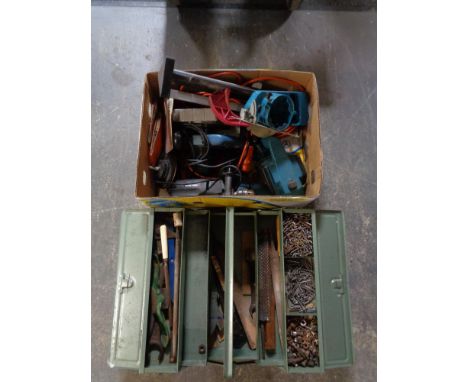 A box of assorted power tools, metal too box, hand tools etc 