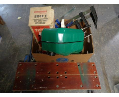 A Black and Decker work mate together with box of Rhino cam axle stands, Tilly lamp, clamps etc 
