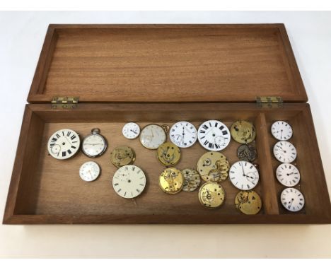 A box containing two pocket watches by Mathey-tissot and Favre-Leuba, together with approx.20 various pocket watch movements 