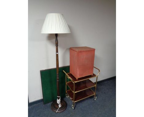 A gilt three tier tea trolley together with standard lamp with shade and loom box 