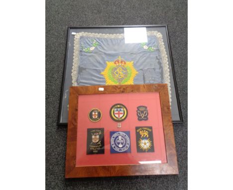A frame of six Yorkshire related sew on patches, enamelled badge and further framed silk handkerchief with military insignia 