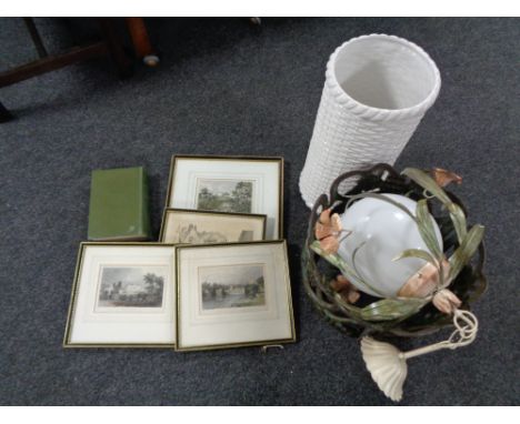 A cast iron planter together with a pottery stick stand, globe light fitting, four colour engravings, gardening book.