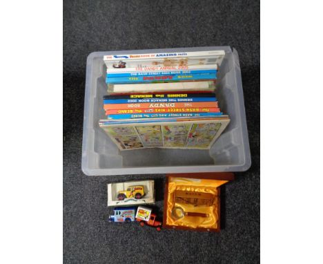 A box of Beano and Dandy annuals, die cast vehicles, boxed Chinese wooden scroll with magnifier 