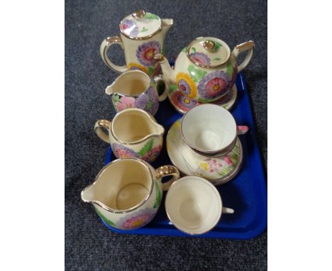 A tray of six piece Arthur Wood hand painted tea service, Phoenix ware hand painted cup and saucer, pair of Myott cups and sa