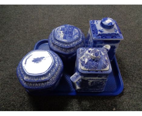 A tray of two Ringtons Maling caddies - Bridges and Castles together with a Ringtons Willow pattern teapot and tea caddy 