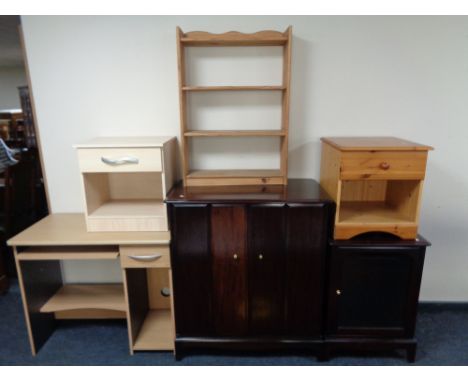 A Stag tv cabinet with matching audio cabinet, pine bedside stand and further bedside stand, pine shelf and computer desk