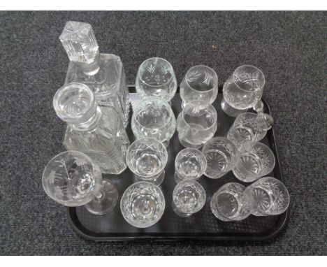 A tray of glass ware, Whisky decanter, crystal glass etc 