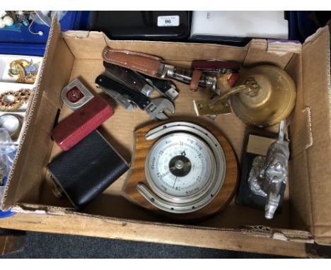 A box of horse shoe barometer, horse racing trophy, ship's bell, pocket knives, razor etc. 