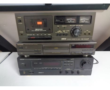 Three hifi seperates to include Denon DRA-275 RD stereo receiver, Technics SL-PG 380 cd player and Akai CS-70 2D stereo casse
