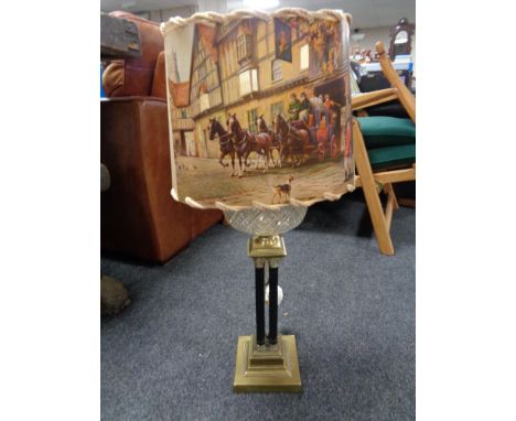 A Victorian brass Corinthian column oil lamp with glass reservoir (converted) CONDITION REPORT: This is converted at the top,