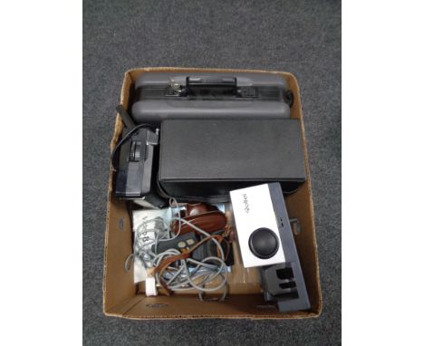 A box of Rollei projector, Philips radio, cameras etc 