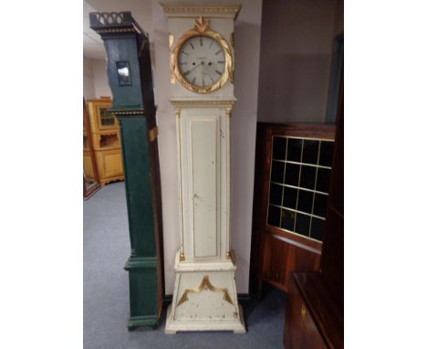 An early twentieth century painted cased continental longcase clock with circular clock by J. Mortensen, pendulum and weights