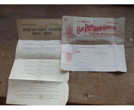 SHARE CERTIFICATES. "East Pool & Agar." 1919; & British & Colonial Explosives Co." 1889