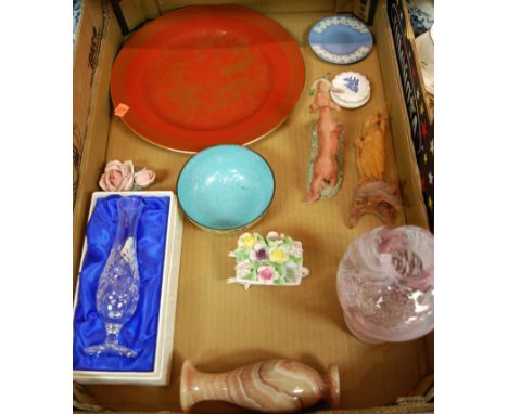 A box of miscellaneous items to include Caithness glass vase, Spode plate, cloisonne bowl etc