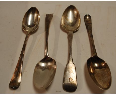 A pair of George III silver stuffing spoons; together with various other 18th century and later silver flatware 