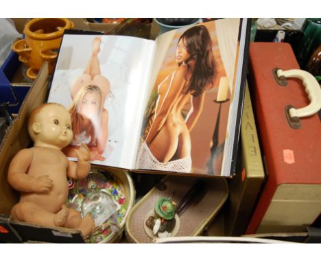 Two boxes of miscellaneous items to include volume of Playboy, Fifty Years photographs, mid 20th century celluloid doll, book