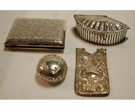 A late Victorian silver pocket cigarette case, having all-over engraved foliate decoration; together with a small silver trin